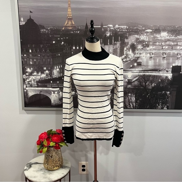 Guess Women's White & Black Striped Sweater With Button Accent Detail / Large - Picture 3 of 13